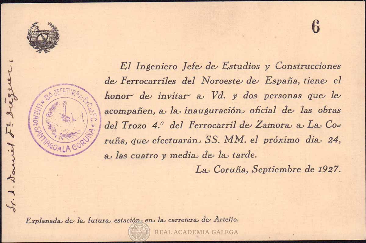Convite á inauguración do Ferrocarril de Zamora á Coruña