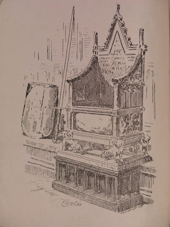 Debuxo da Cadeira da Coroación de Westminster coa Pedra do Fado no seu interior