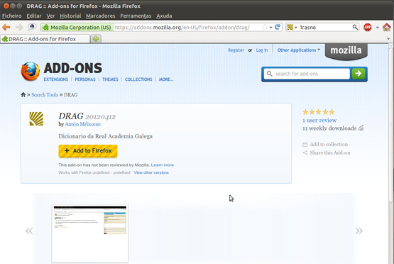 Captura de pantalla da aplicación de Trasno para o Firefox