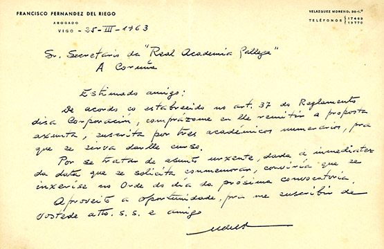 Nota manuscrita de Francisco del Riego dando conta do envío da proposta de creación do Día das Letras