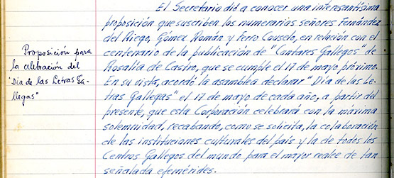Fragmento da acta na que se da conta da aprobación da celebración do Día das Letras