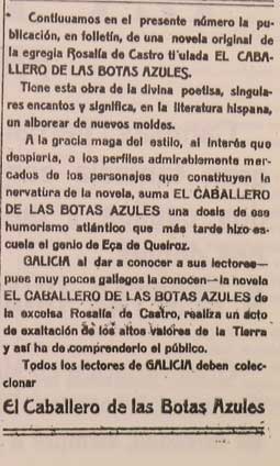 Aviso de lectura de El caballero publicado o 26 de xullo de 1922