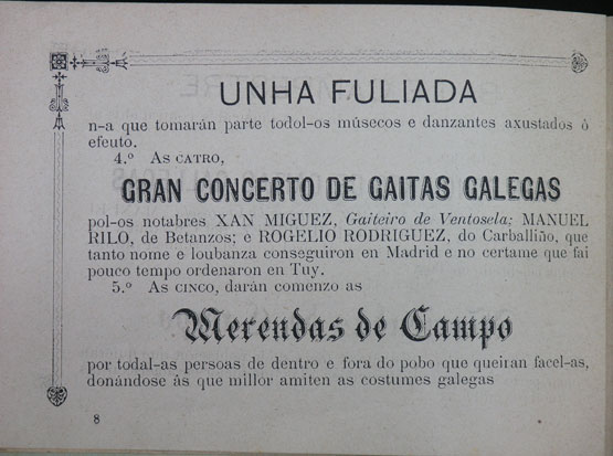 Imaxe dun anuncio dunha festa galega publicado na Revista Gallega